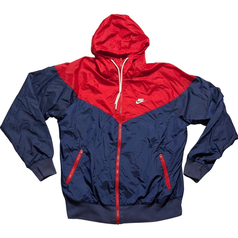 Nike Windrunner Hooded Jacket Red Navy Blue Chevron Windbreaker Mens Medium
